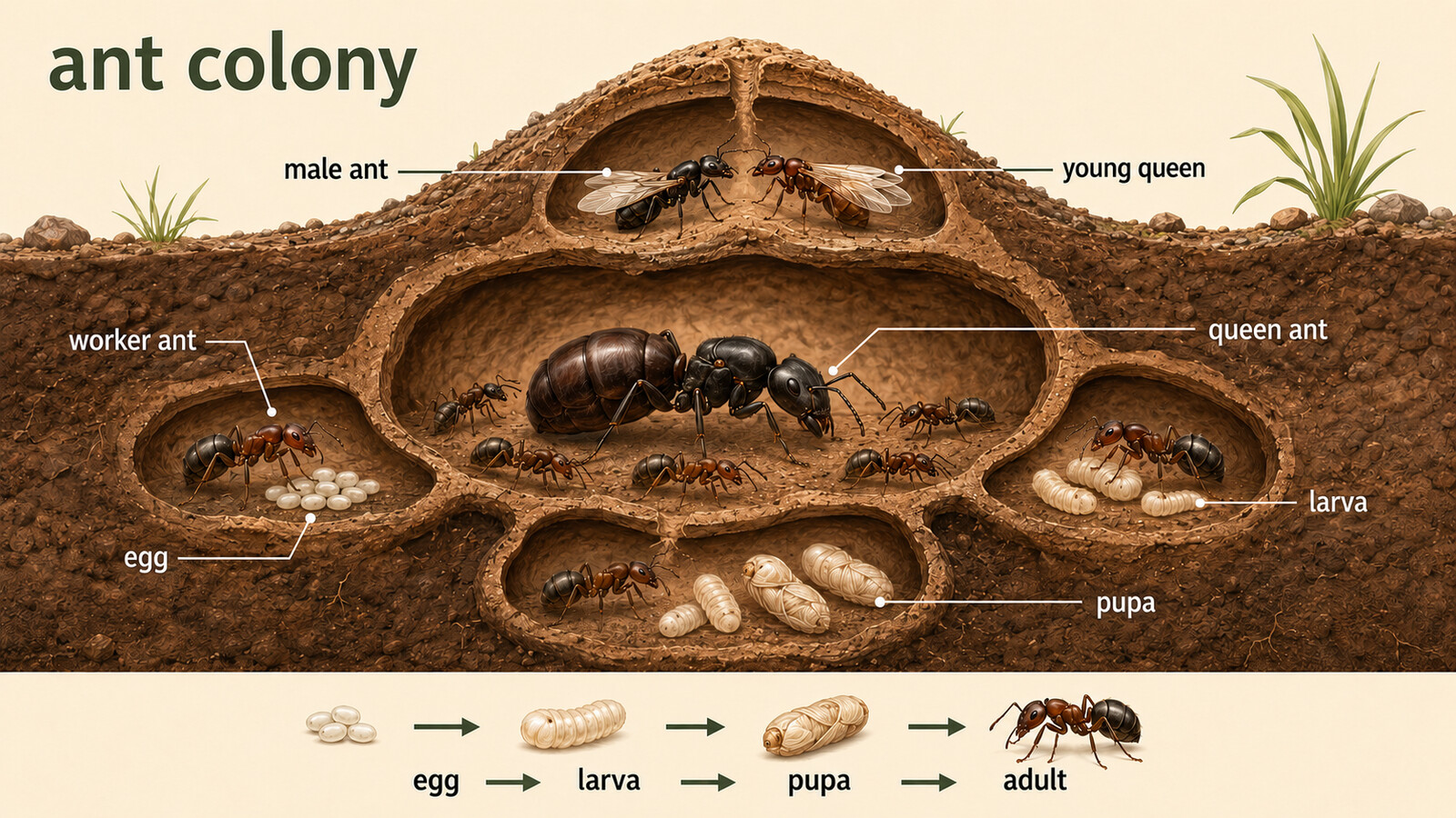 女王アリ・働きアリ・卵・幼虫・蛹とant colonyを示す英語解説イラスト