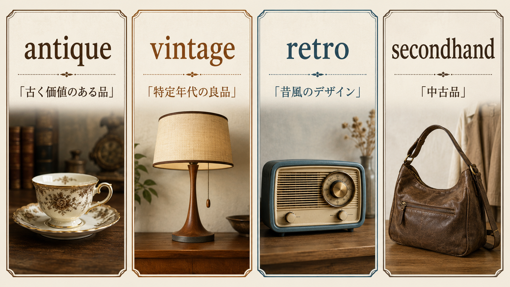 antique、vintage、retro、secondhandの意味の違い