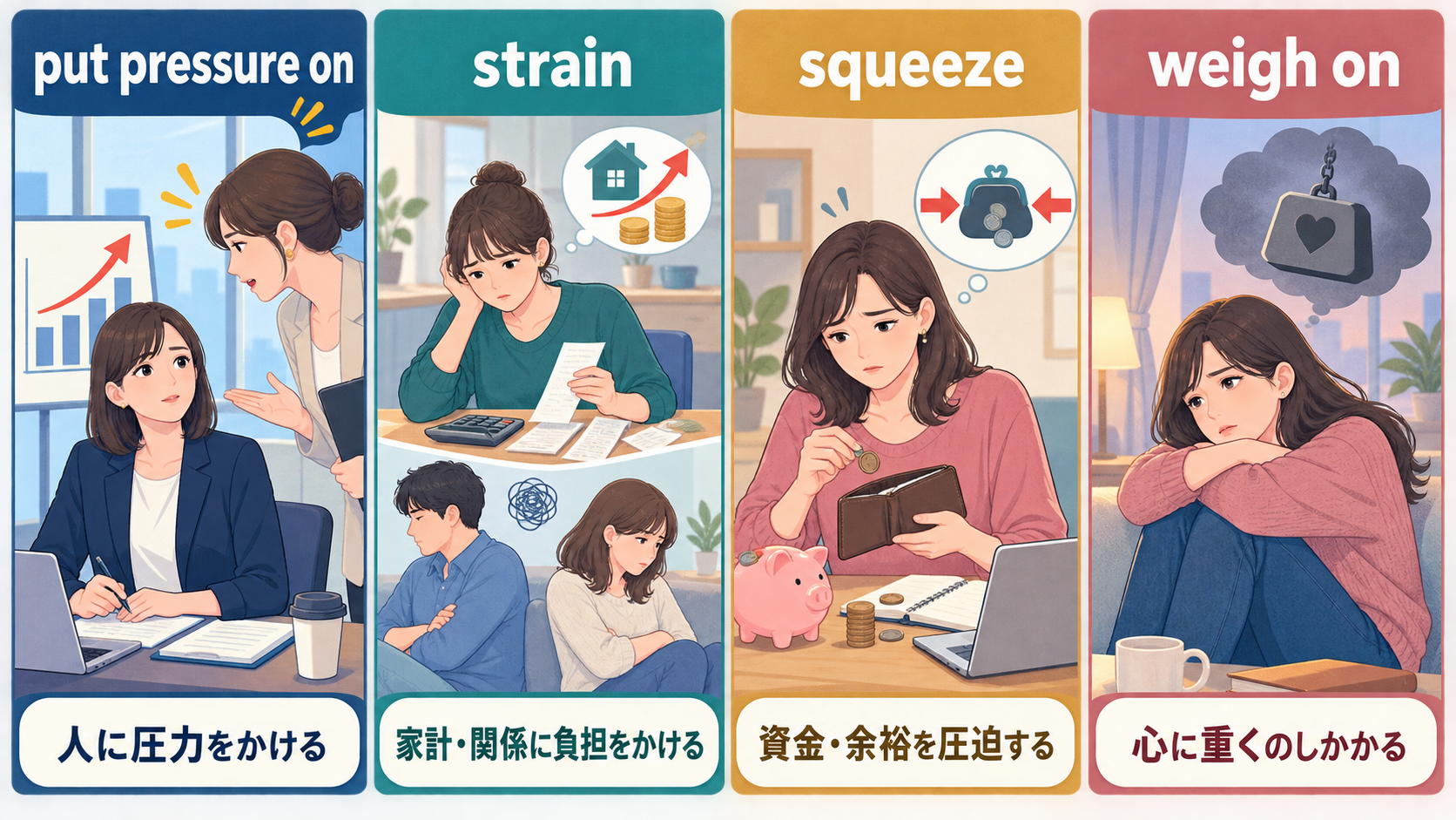 put pressure on・strain・squeeze・weigh onの意味を4場面で比較