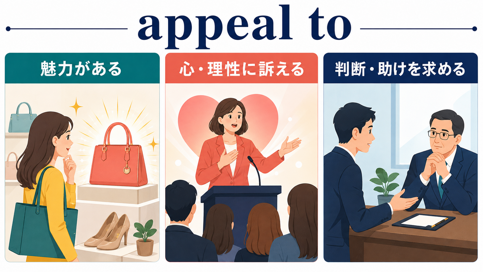 appeal toの魅力がある・心や理性に訴える・判断や助けを求めるの3用法を示すイラスト