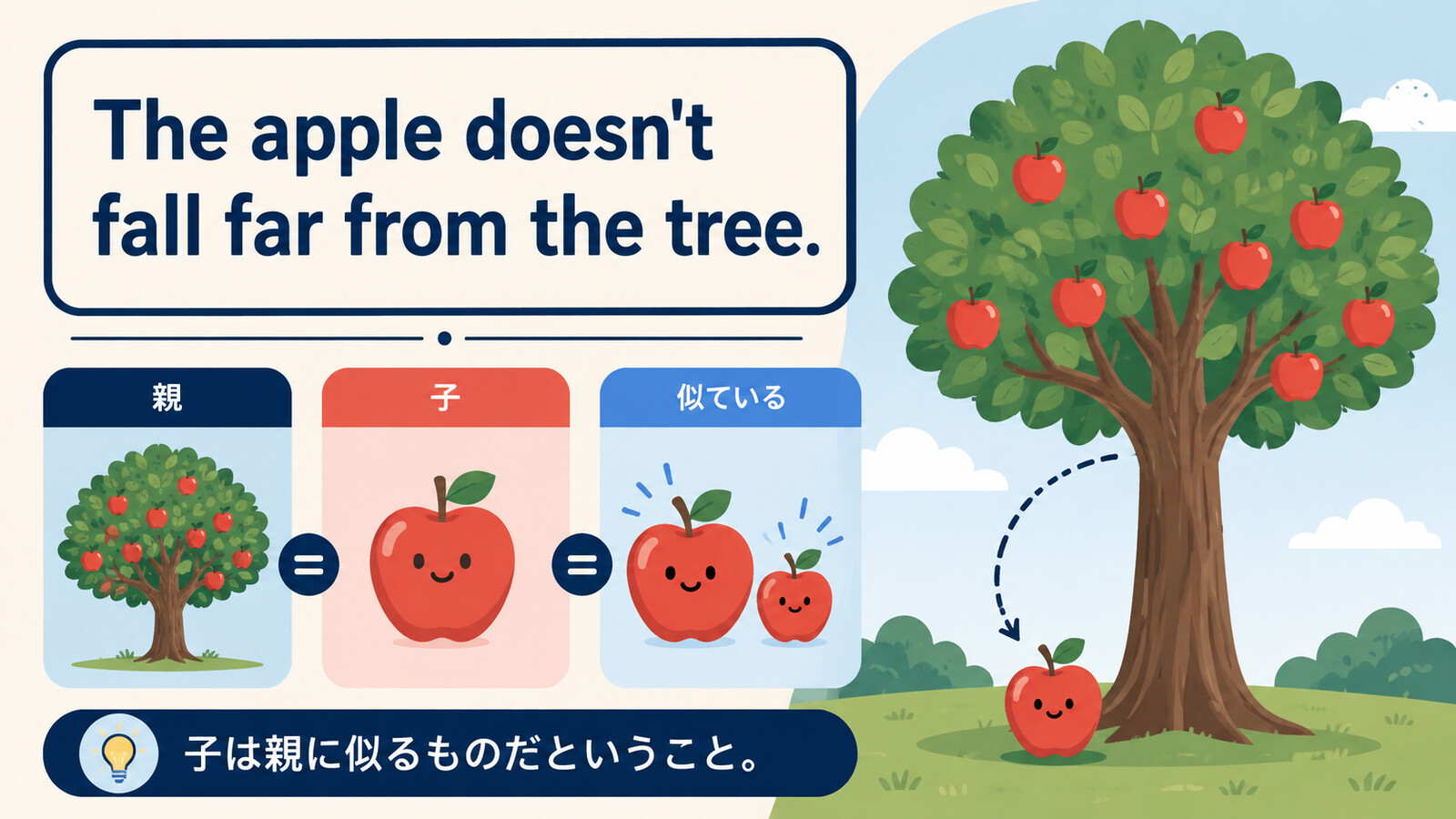 The apple doesn't fall far from the tree.の直訳と実際のニュアンスを示す解説図