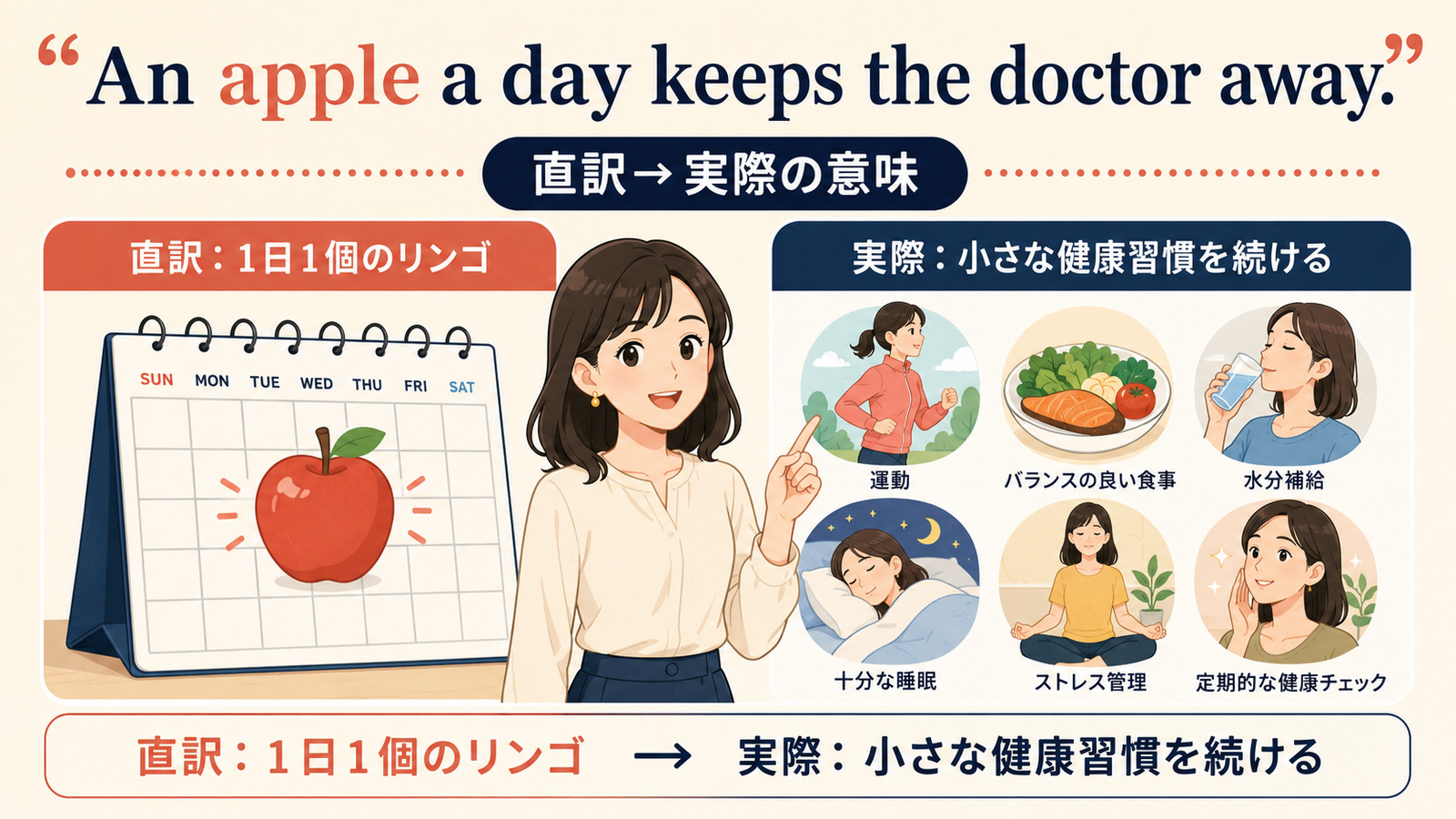 An apple a day keeps the doctor away.の直訳と実際の意味を比較する解説イラスト