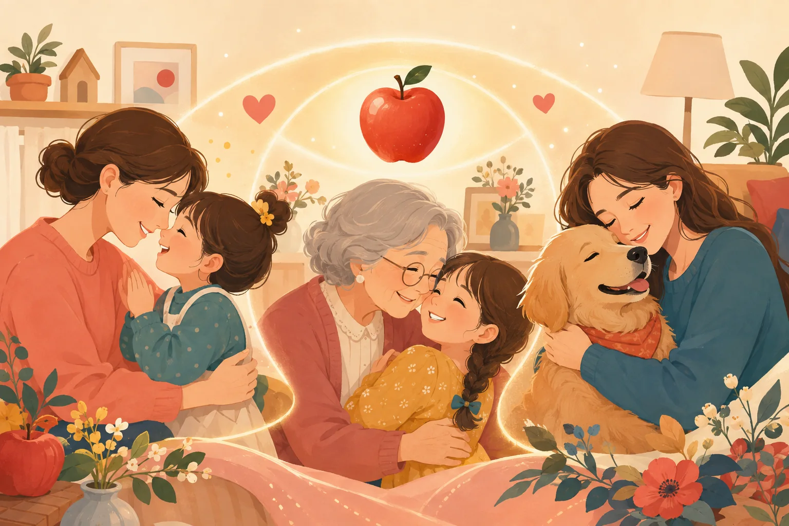 子どもや孫、ペットなど大切な存在を愛情深く見つめる様子
