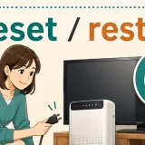 テレビと空気清浄機の電源コードを抜いて家電を再起動する女性とreset・restart