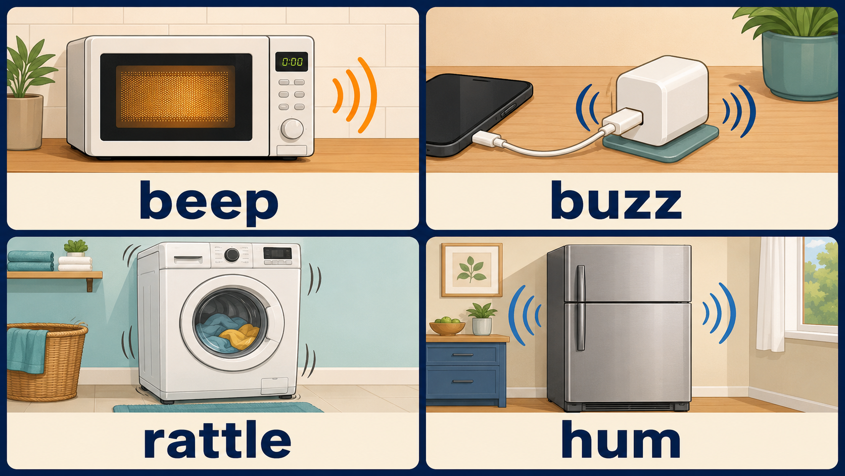 beep・buzz・rattle・humの違いを電子レンジ・充電器・洗濯機・冷蔵庫で示す英語図解