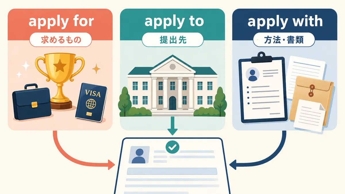 apply for・apply to・apply withの役割を比較する図解