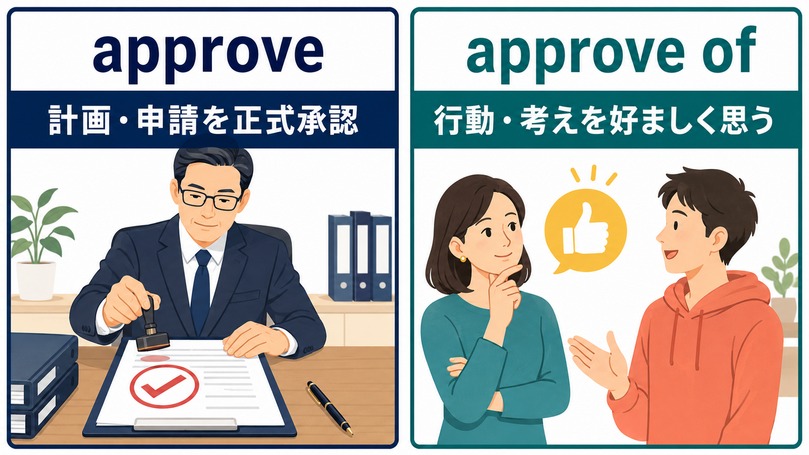 approveとapprove ofの語順とニュアンスの違いを示す比較イラスト