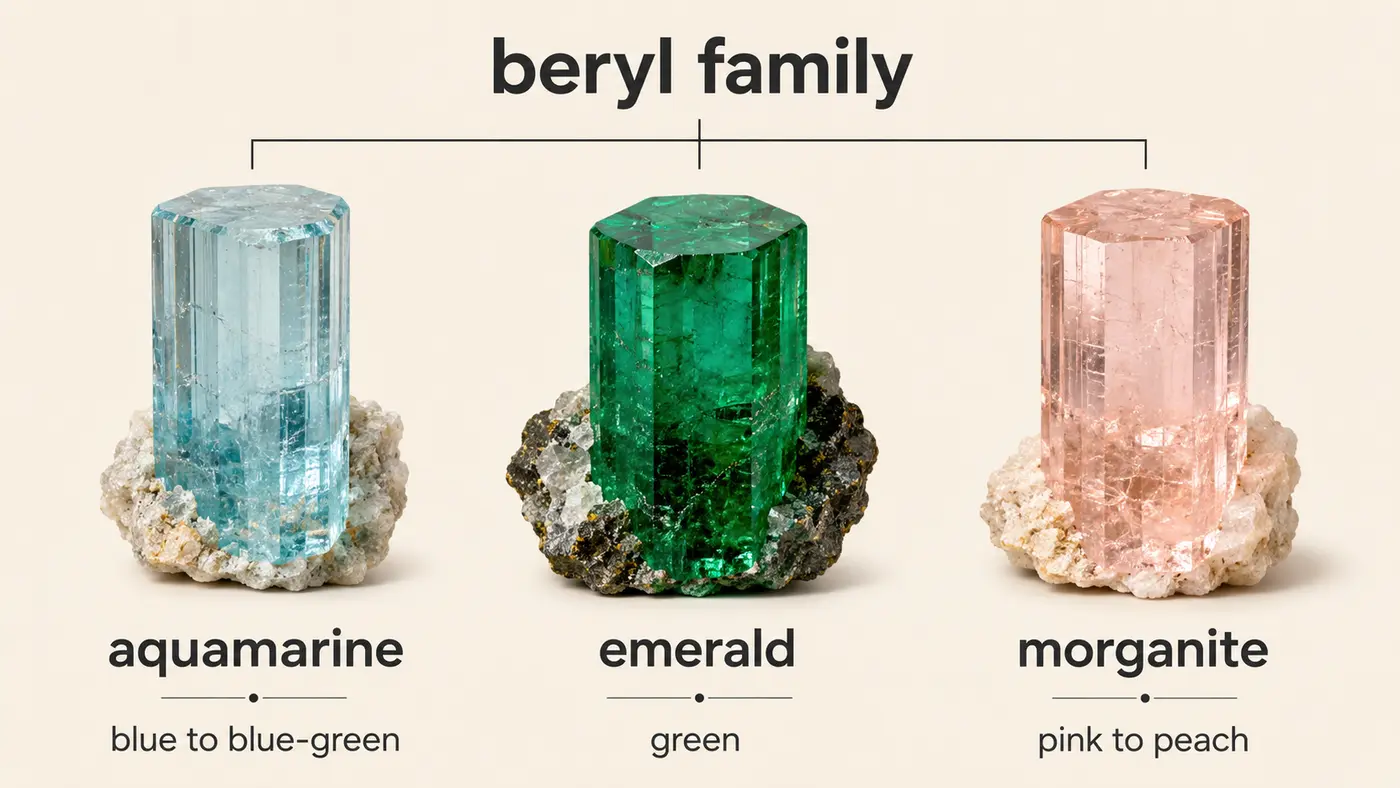 beryl familyのaquamarine・emerald・morganiteを色とともに比較した英語図解