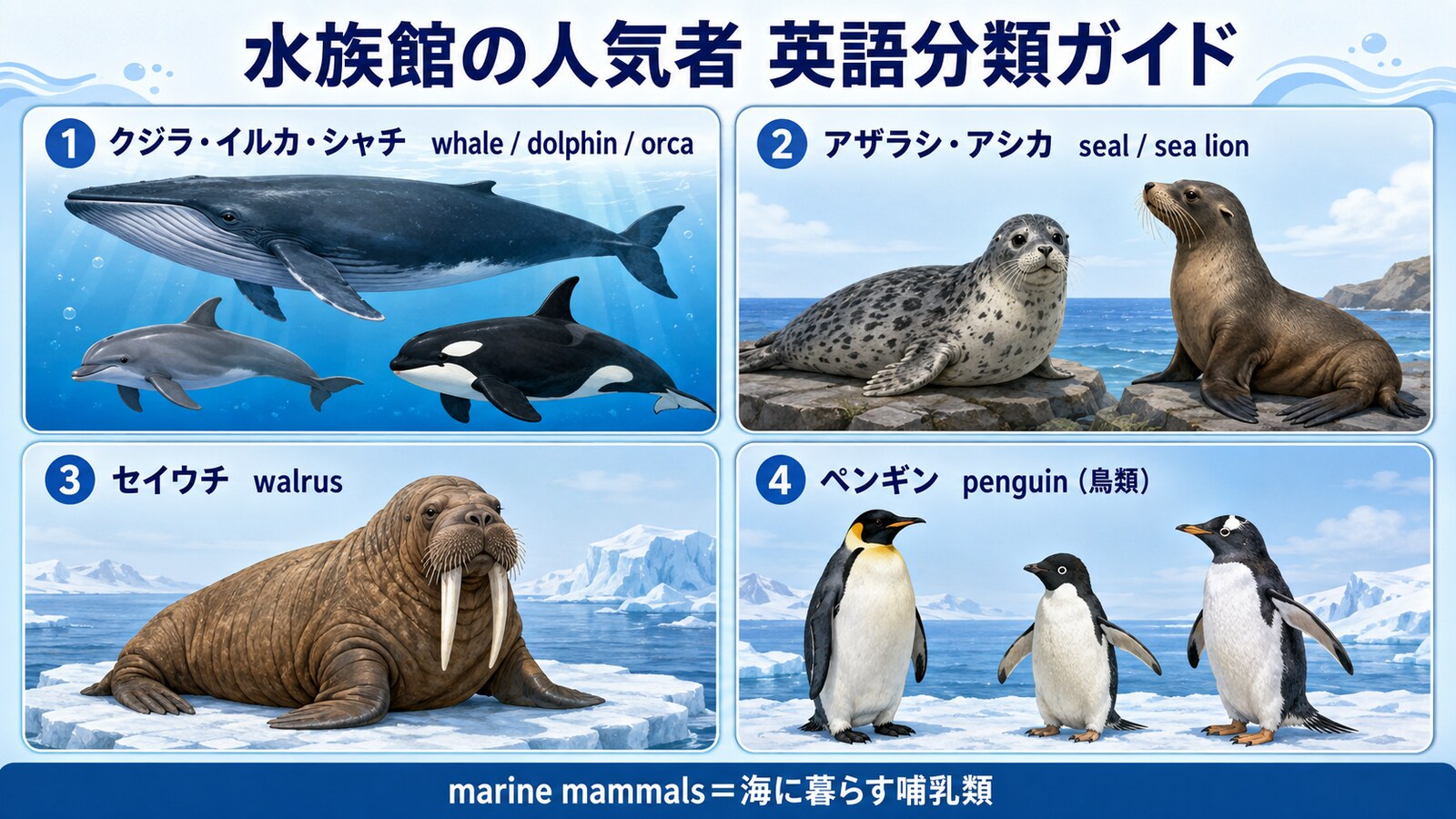 whale・dolphin・orca・seal・sea lion・walrus・penguinを哺乳類と鳥類に分けた水族館の英語分類図
