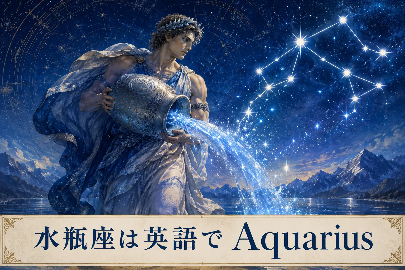 水瓶座は英語でAquariusと紹介する水を注ぐ人のイラスト