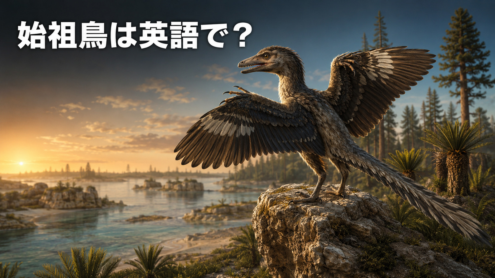 ジュラ紀の始祖鳥と「始祖鳥は英語で?」の文字