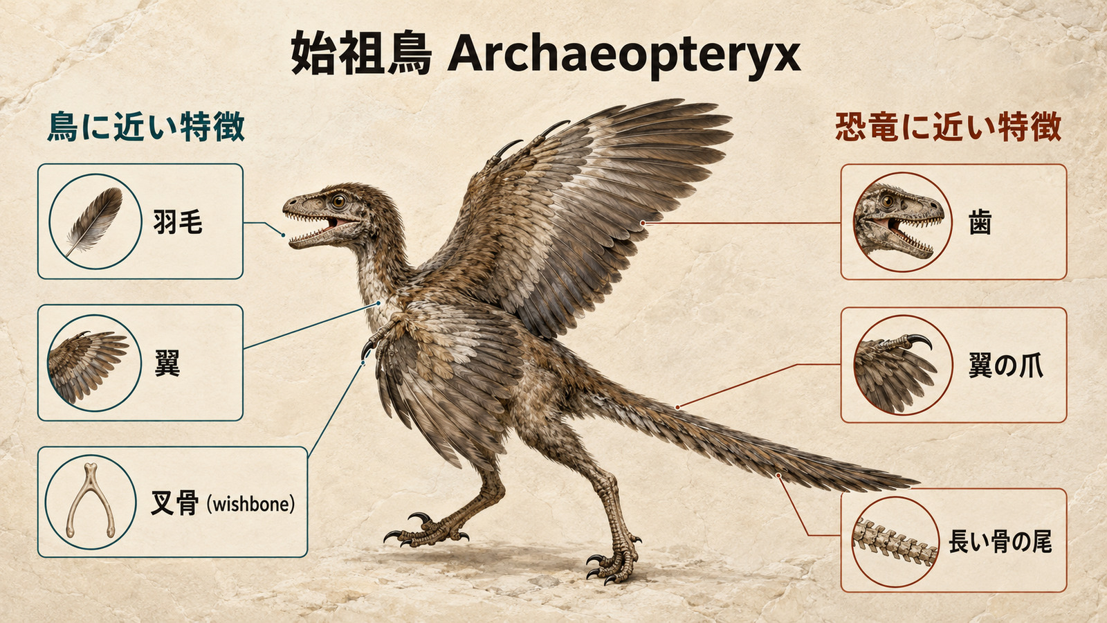 始祖鳥の羽毛・翼・叉骨と歯・翼の爪・長い骨の尾を比較する図