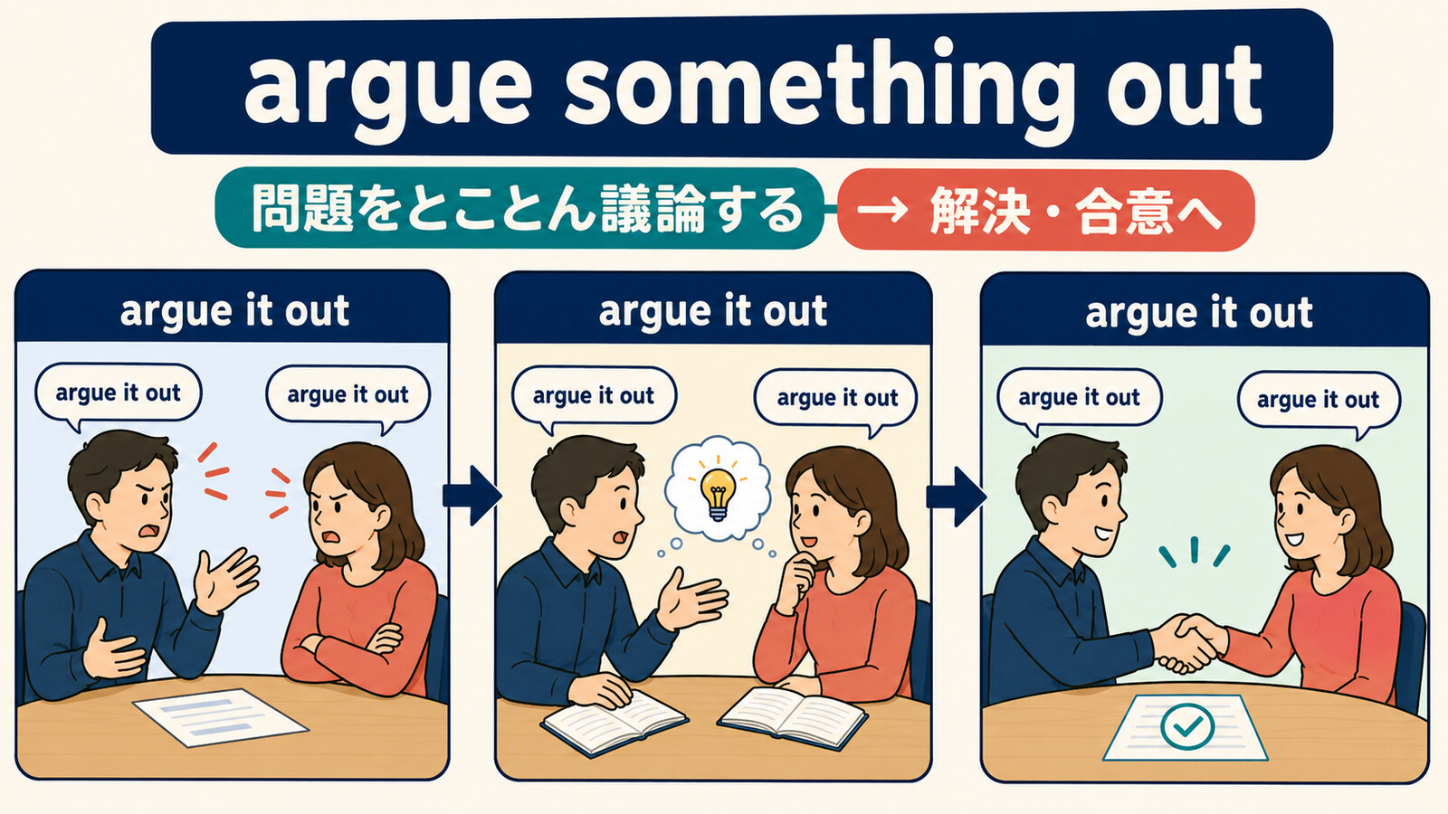 argue something outが問題を議論して解決や合意へ進む流れを示すイラスト