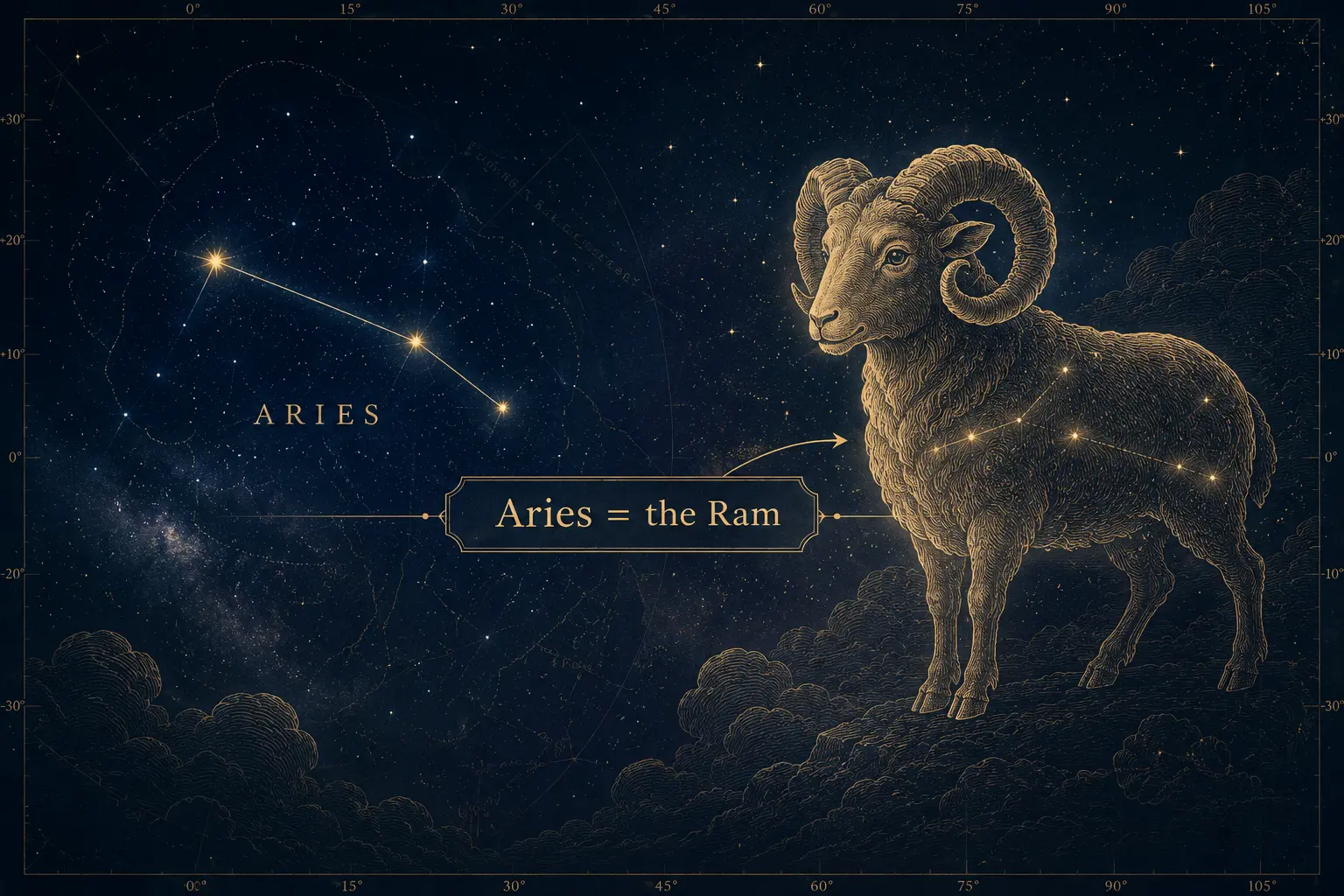 Ariesが雄羊を意味することを星座と雄羊で示したイラスト