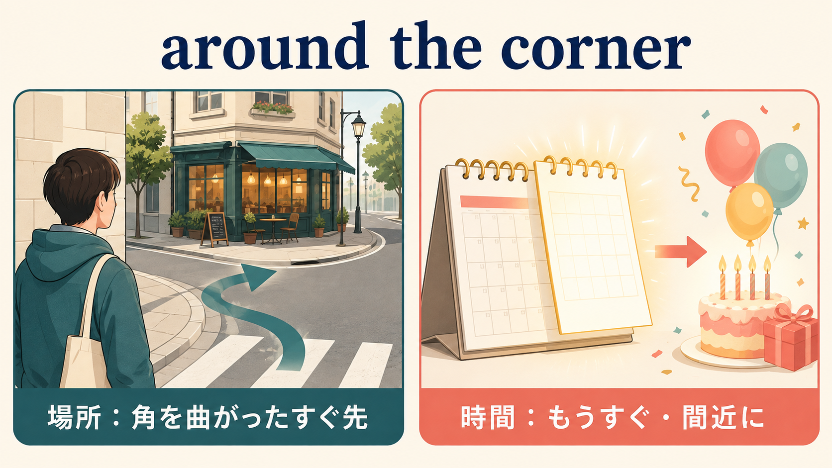 around the cornerの場所と時間の2つの意味を比較した図解