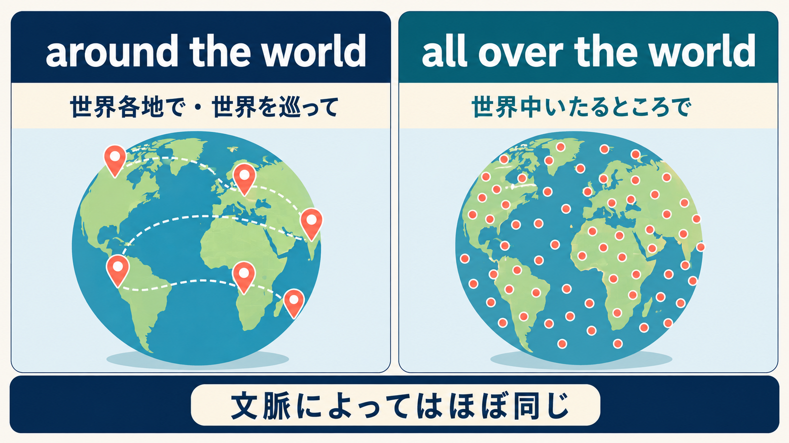 around the worldとall over the worldのニュアンス比較
