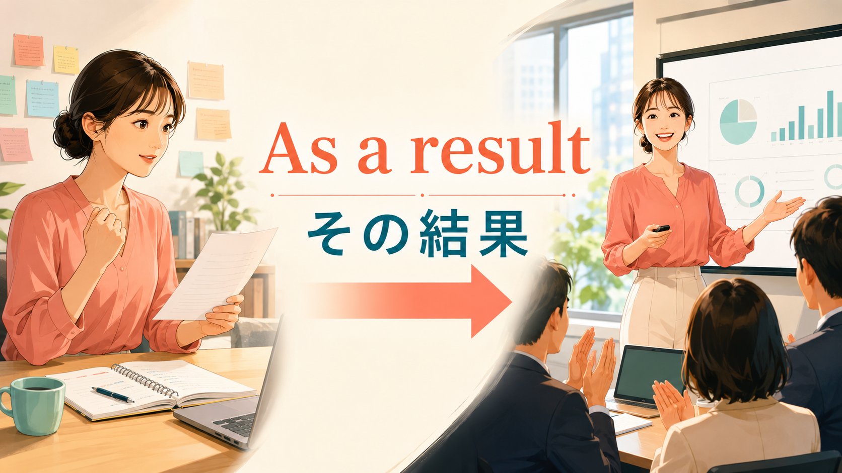 As a result その結果を原因から結果への流れで示すイラスト