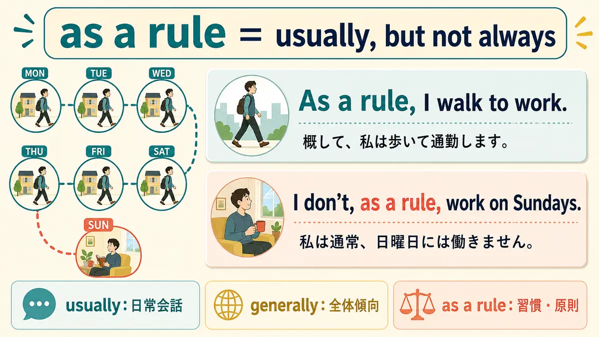 as a ruleの例文とusually・generallyとの使い分けを示す図解