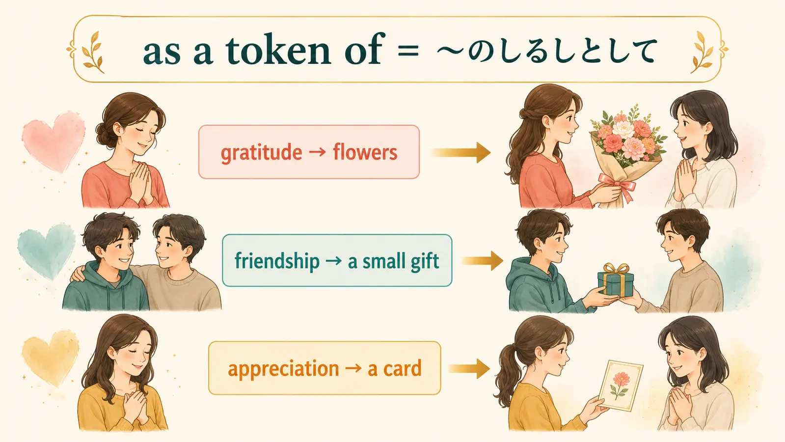 as a token ofで感謝・友情・敬意の気持ちを贈り物やカードで表す図解