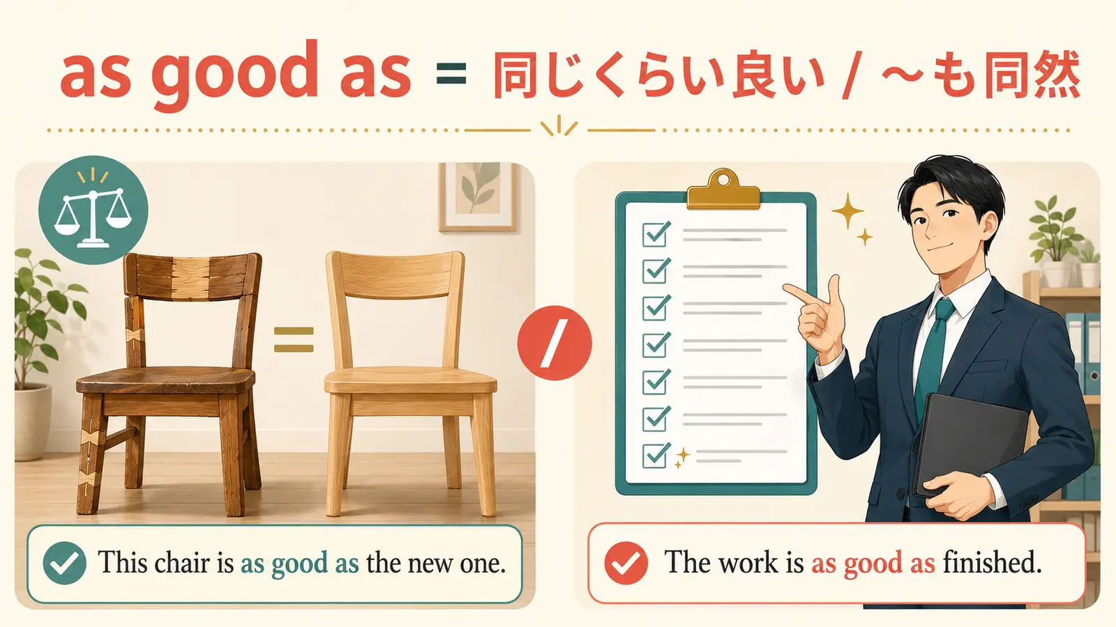 as good asの同じくらい良いと〜も同然という2つの意味