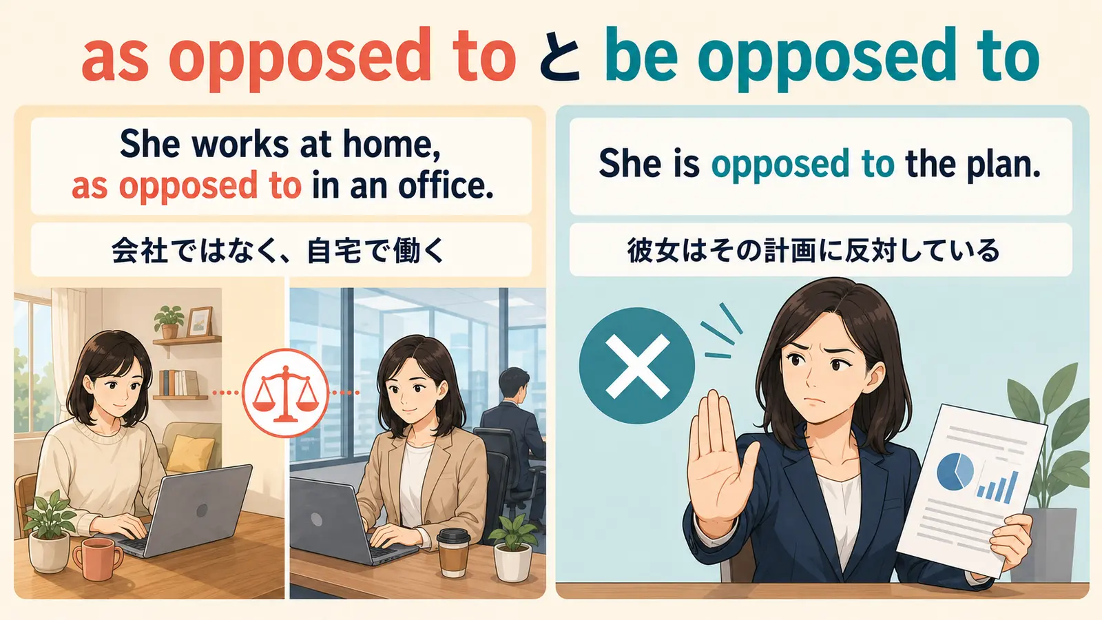 as opposed toの対比とbe opposed toの反対を比較するイラスト