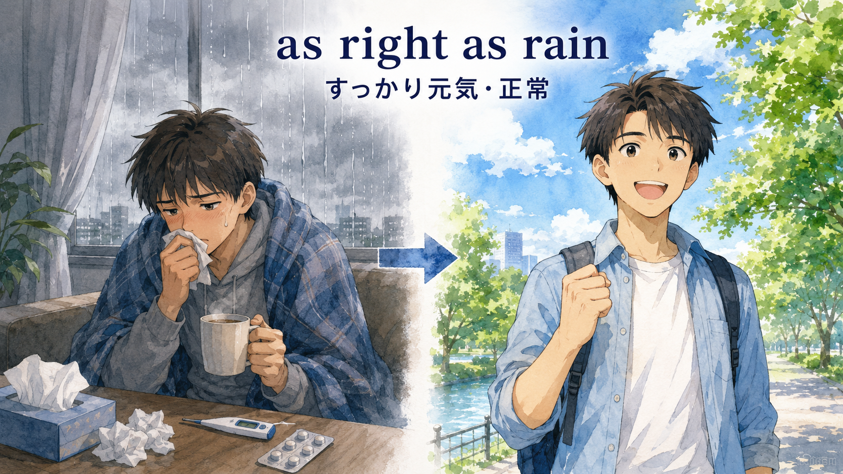 as right as rainの直訳と実際の意味を比較する解説イラスト