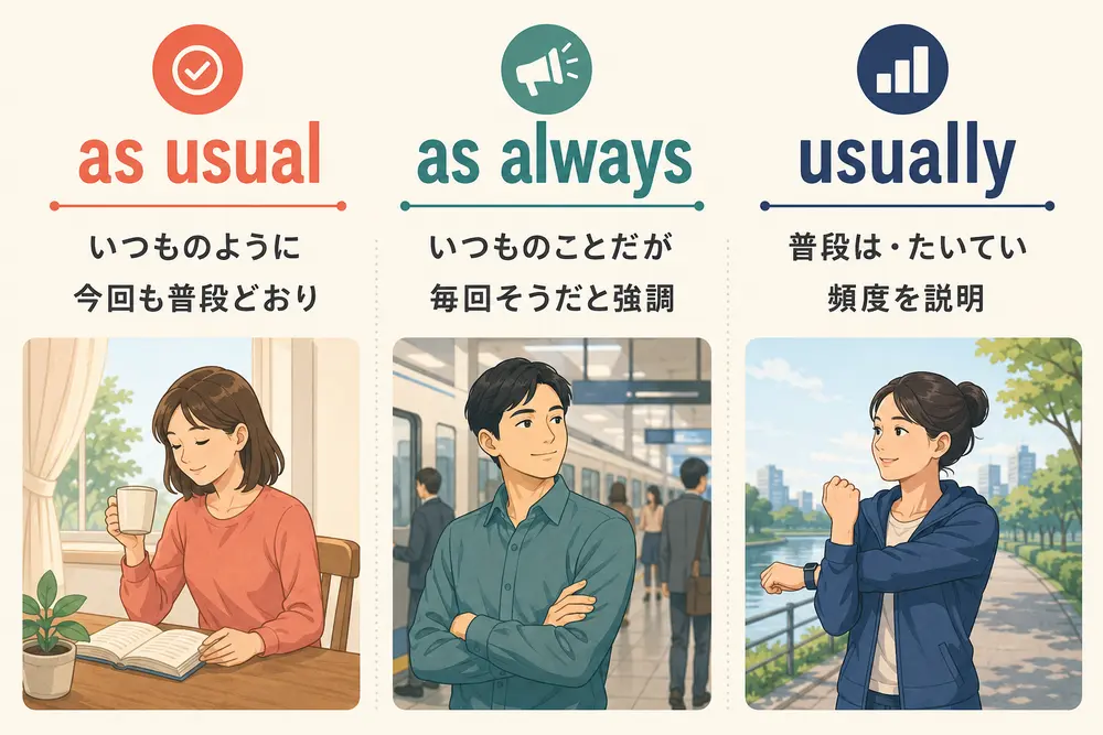 as usual・as always・usuallyの違いを示す図解