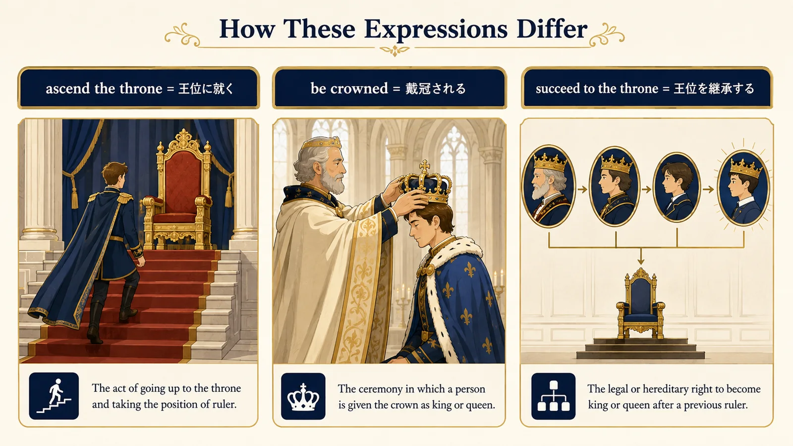 ascend the throne・be crowned・succeed to the throneの違い