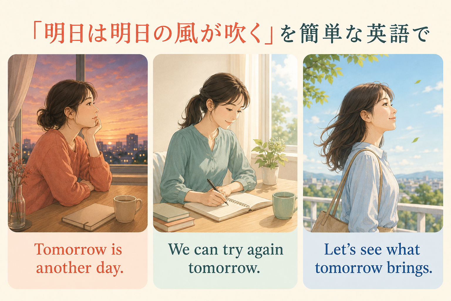 明日は明日の風が吹くをTomorrow is another dayなどで表すイラスト