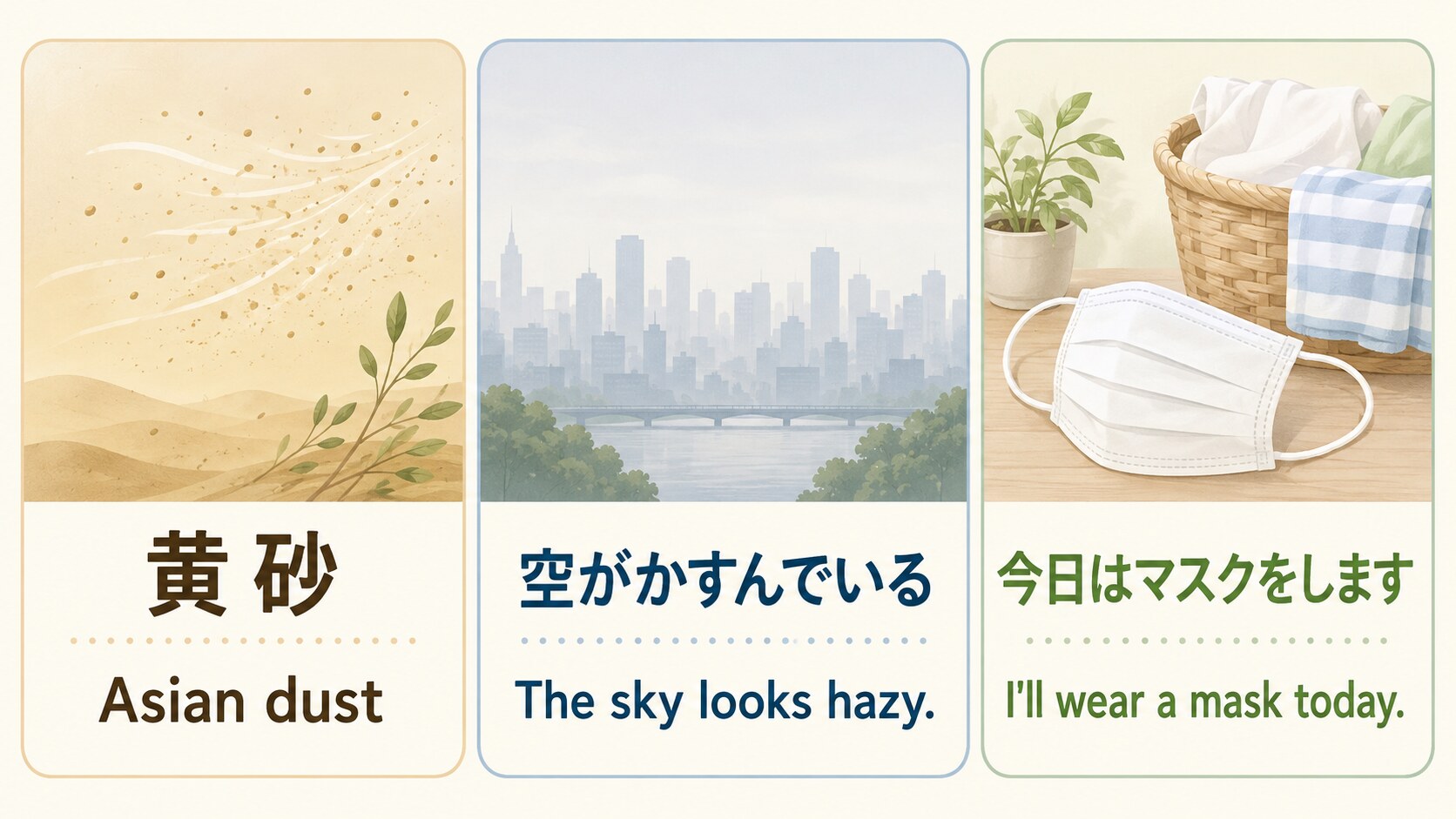 黄砂はAsian dust、空がかすむ・マスクをする英語例文