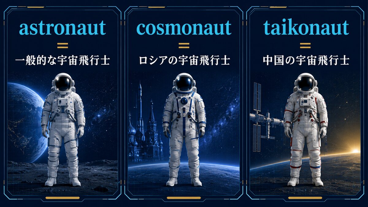 astronaut、cosmonaut、taikonautの意味と使い分けを比較した図解