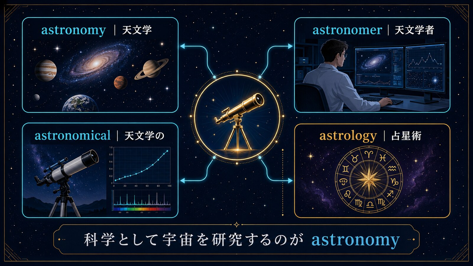 astronomy、astronomer、astronomical、astrologyの意味を整理した図解