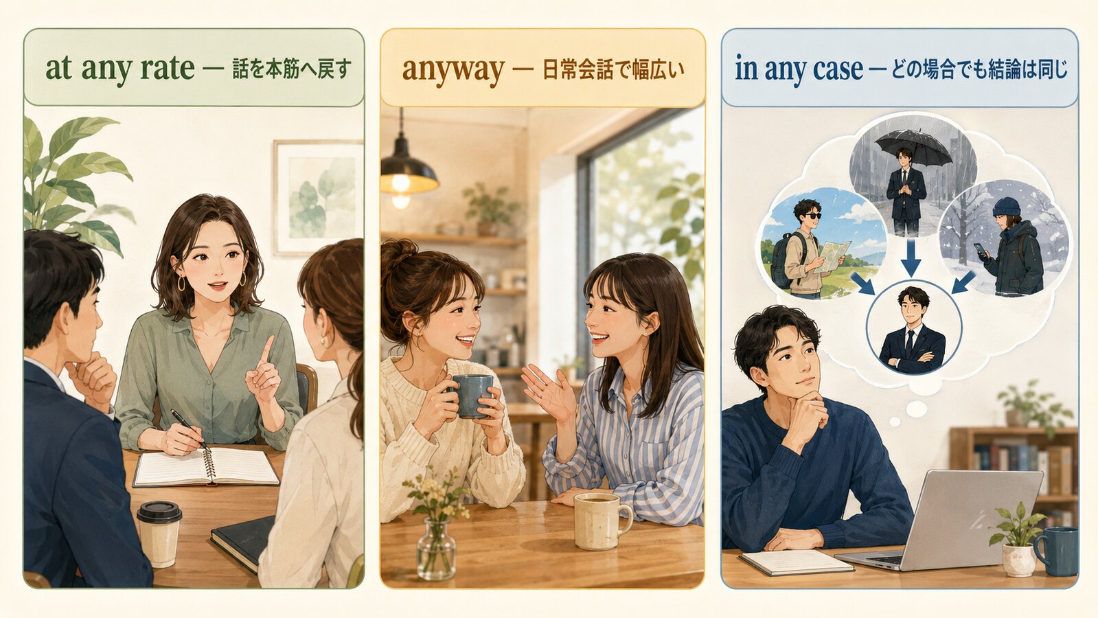 at any rate・anyway・in any caseのニュアンス比較図