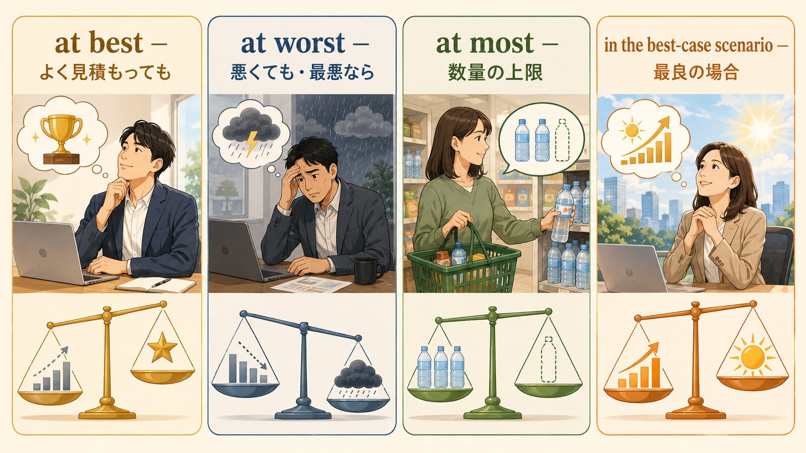 at best・at worst・at most・in the best-case scenarioの違いを示す比較図