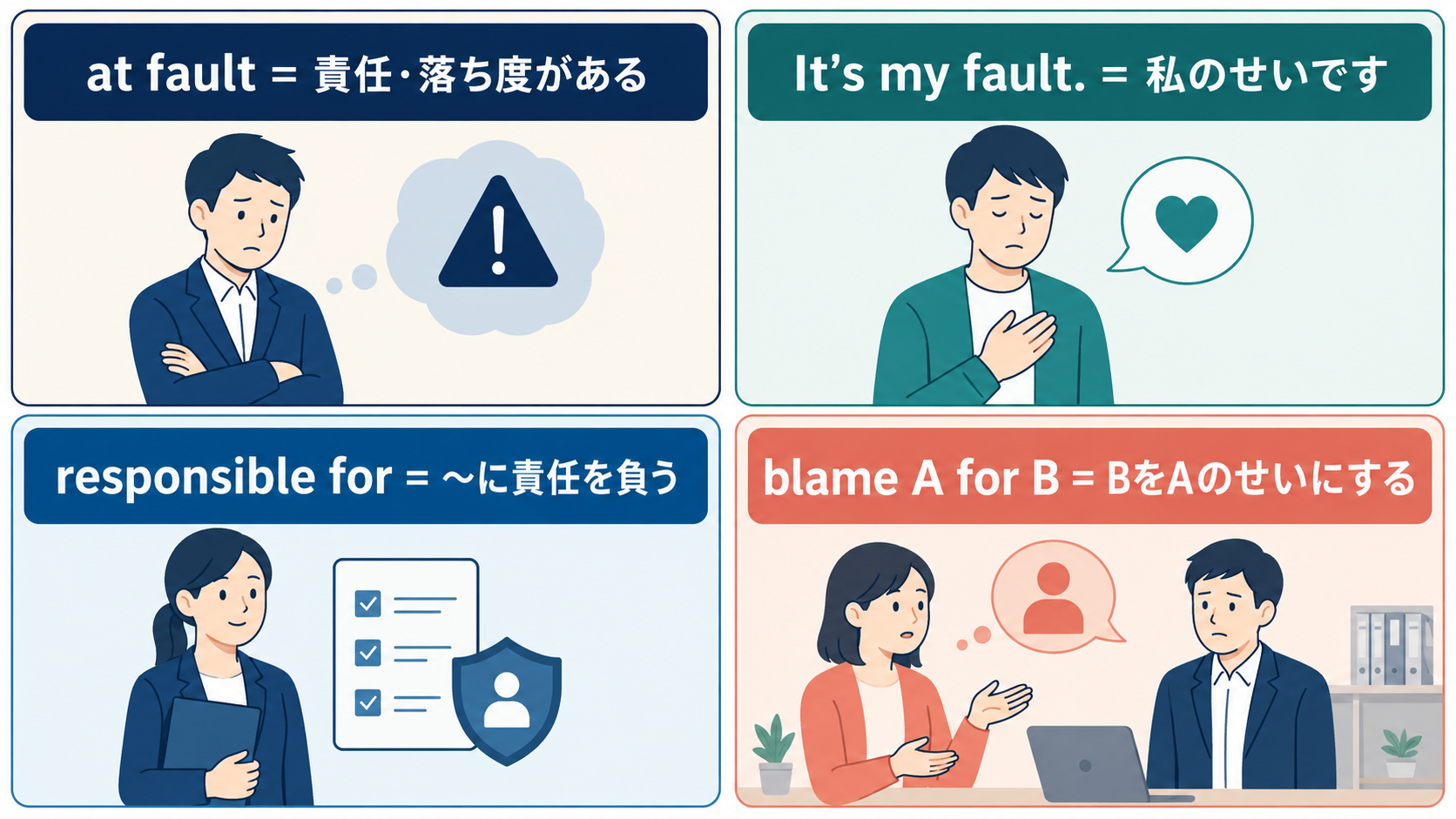 at fault・It’s my fault・responsible for・blameの違い
