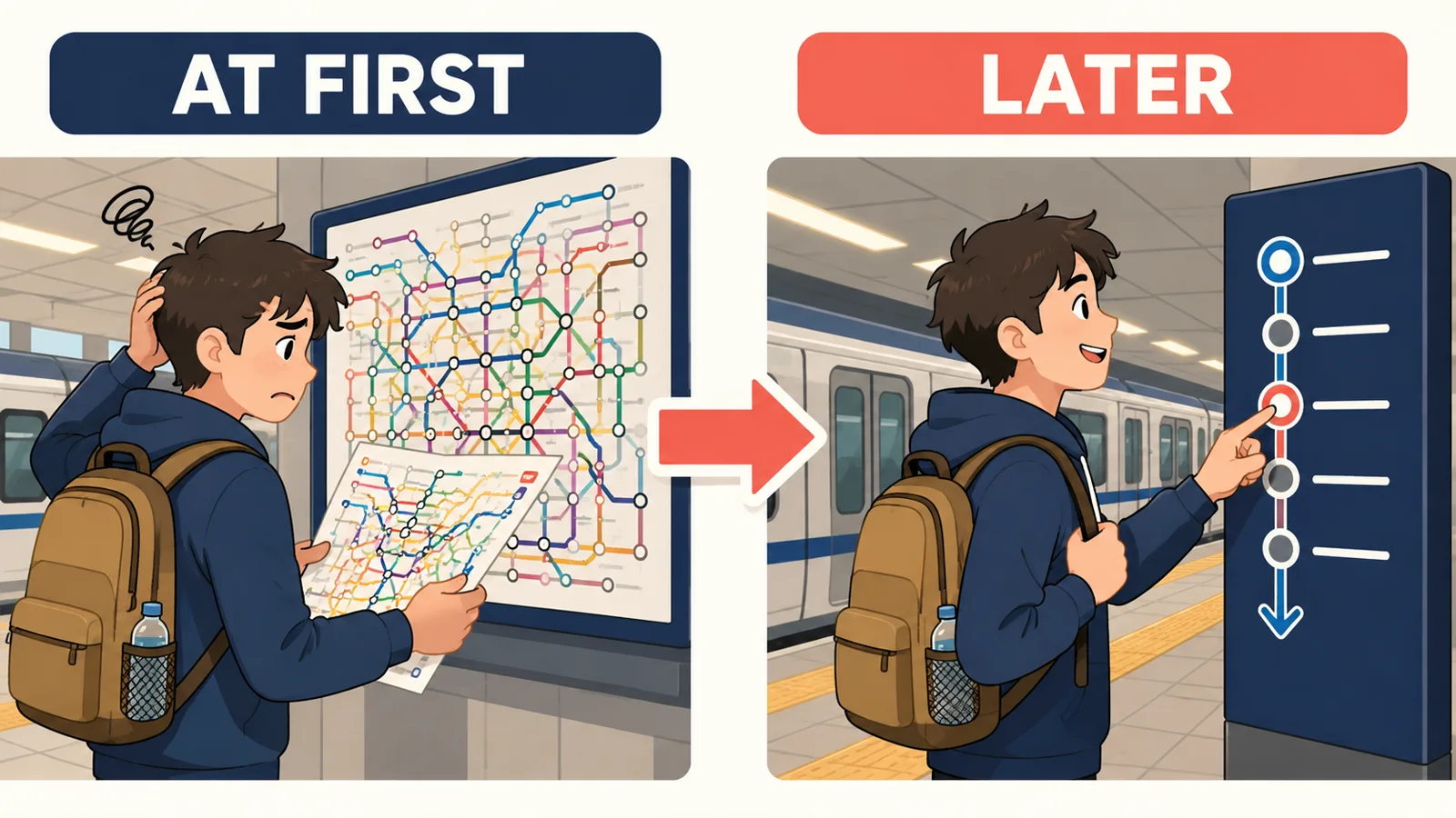 at firstが最初の状態と後の変化を対比する表現だと示すイラスト