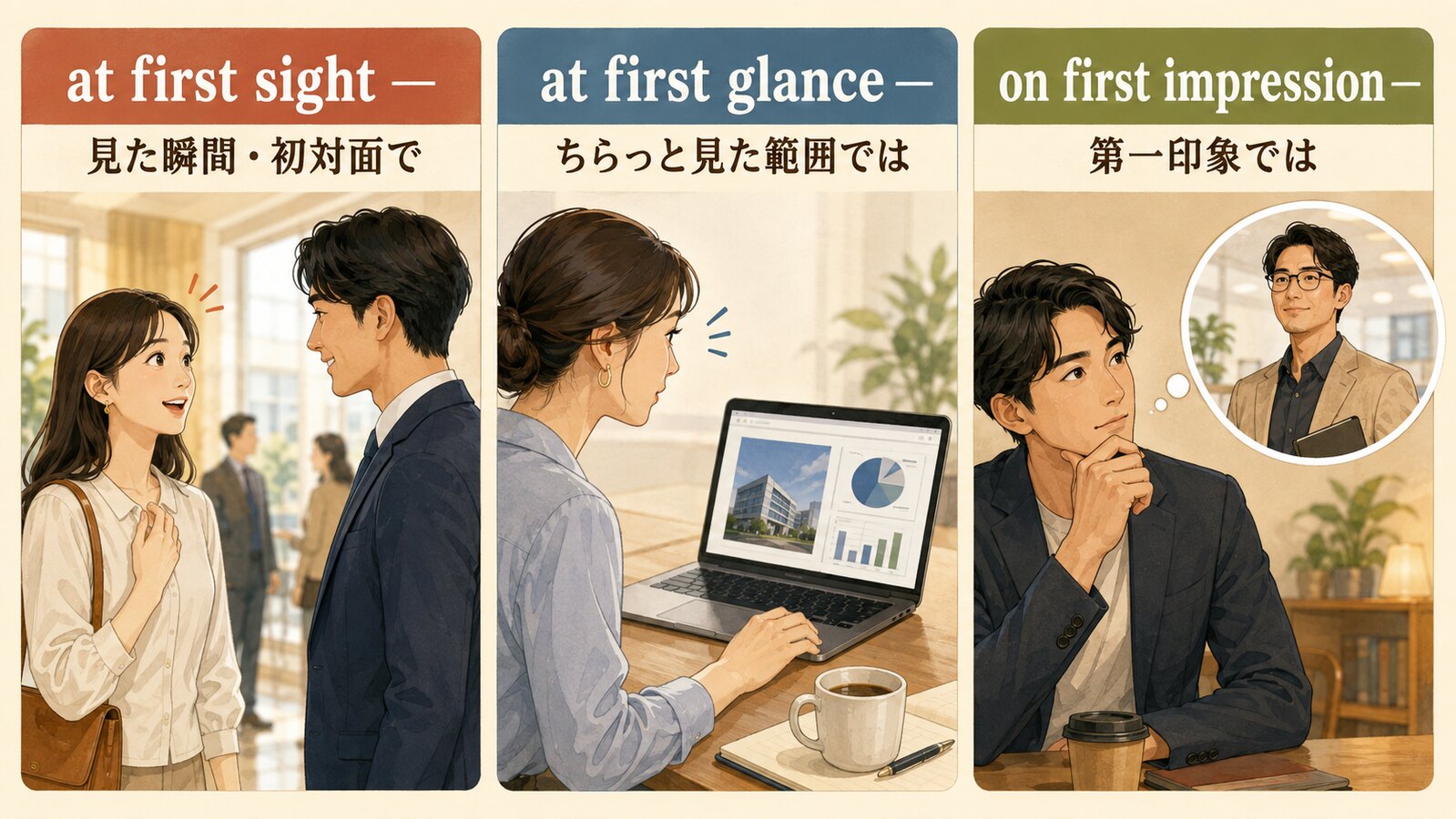 at first sight・at first glance・on first impressionの違いを示す比較図
