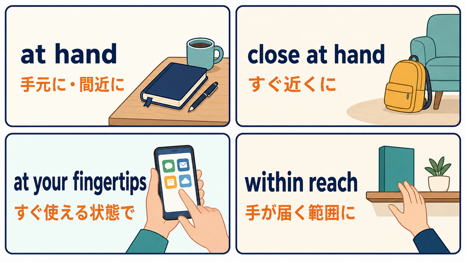 at hand・close at hand・at your fingertips・within reachの違いを示す比較図
