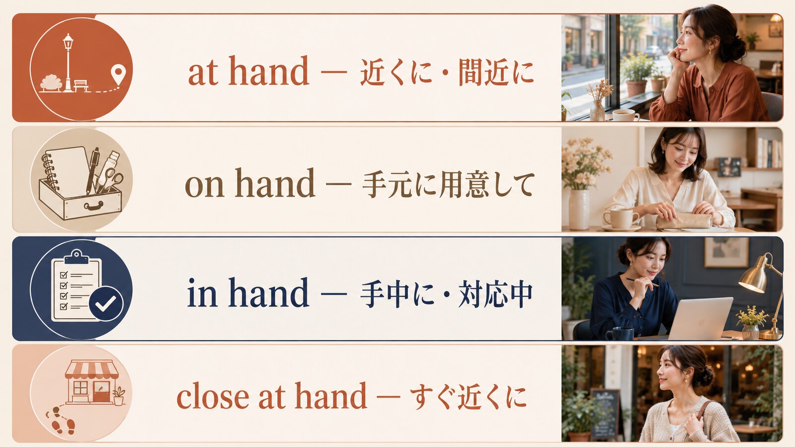 at hand・on hand・in hand・close at handの違いを示す比較図