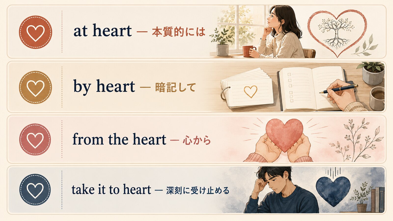 at heart・by heart・from the heart・take it to heartの違い