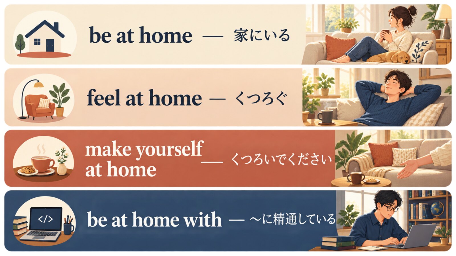 be at home・feel at home・make yourself at home・be at home withの違い