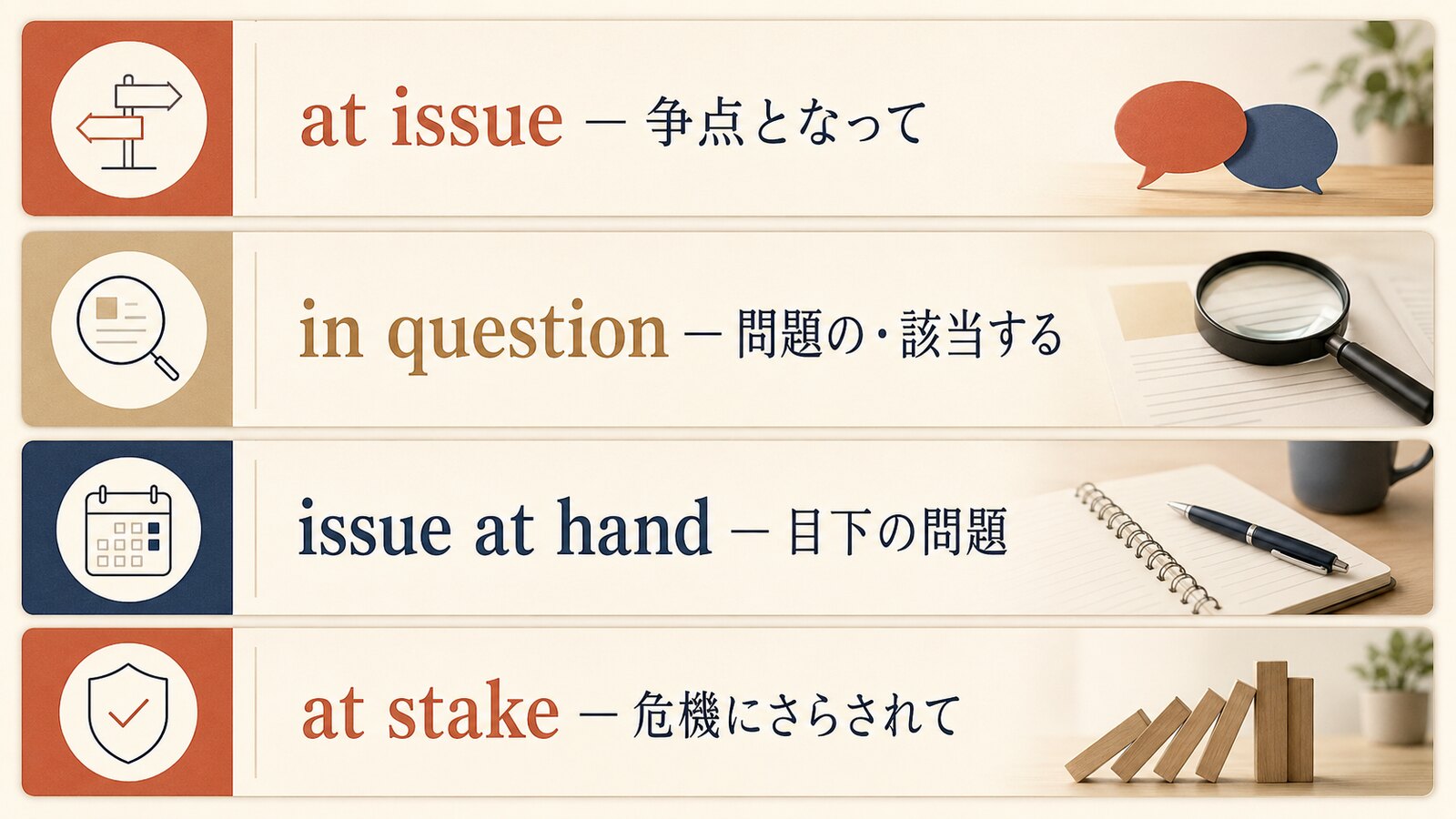 at issue・in question・issue at hand・at stakeの違い