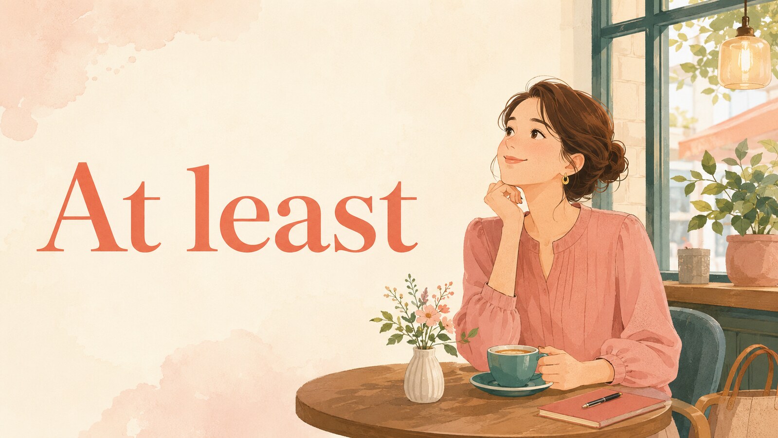 At leastの意味と使い方を表す女性のイラスト