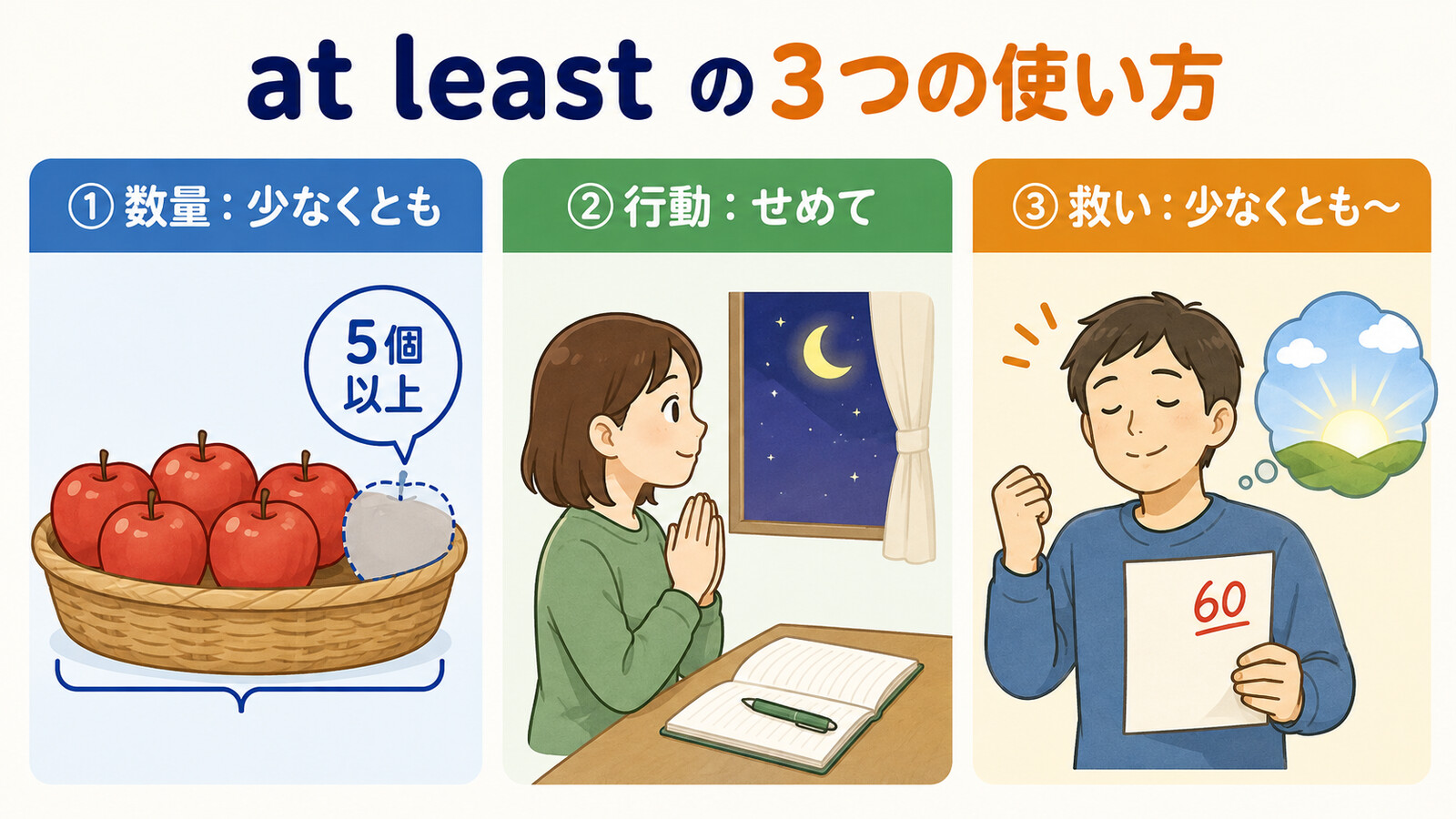 at leastの数量・行動・救いを表す3つの使い方