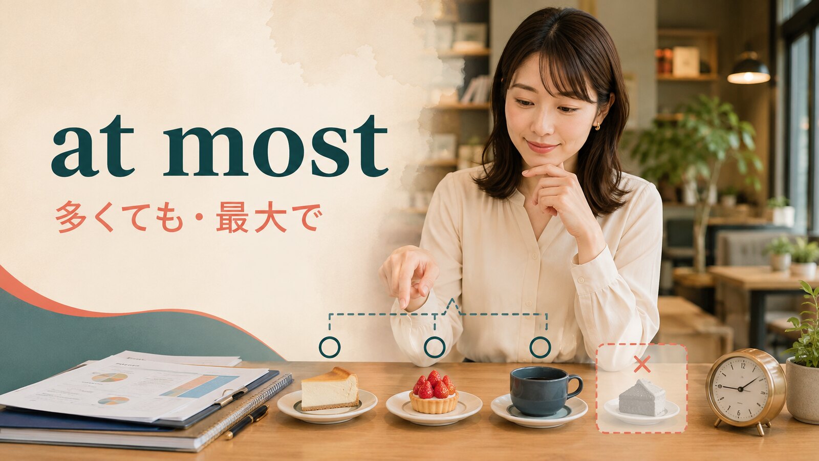 at mostの「多くても・最大で」という上限の意味を表すアイキャッチ画像