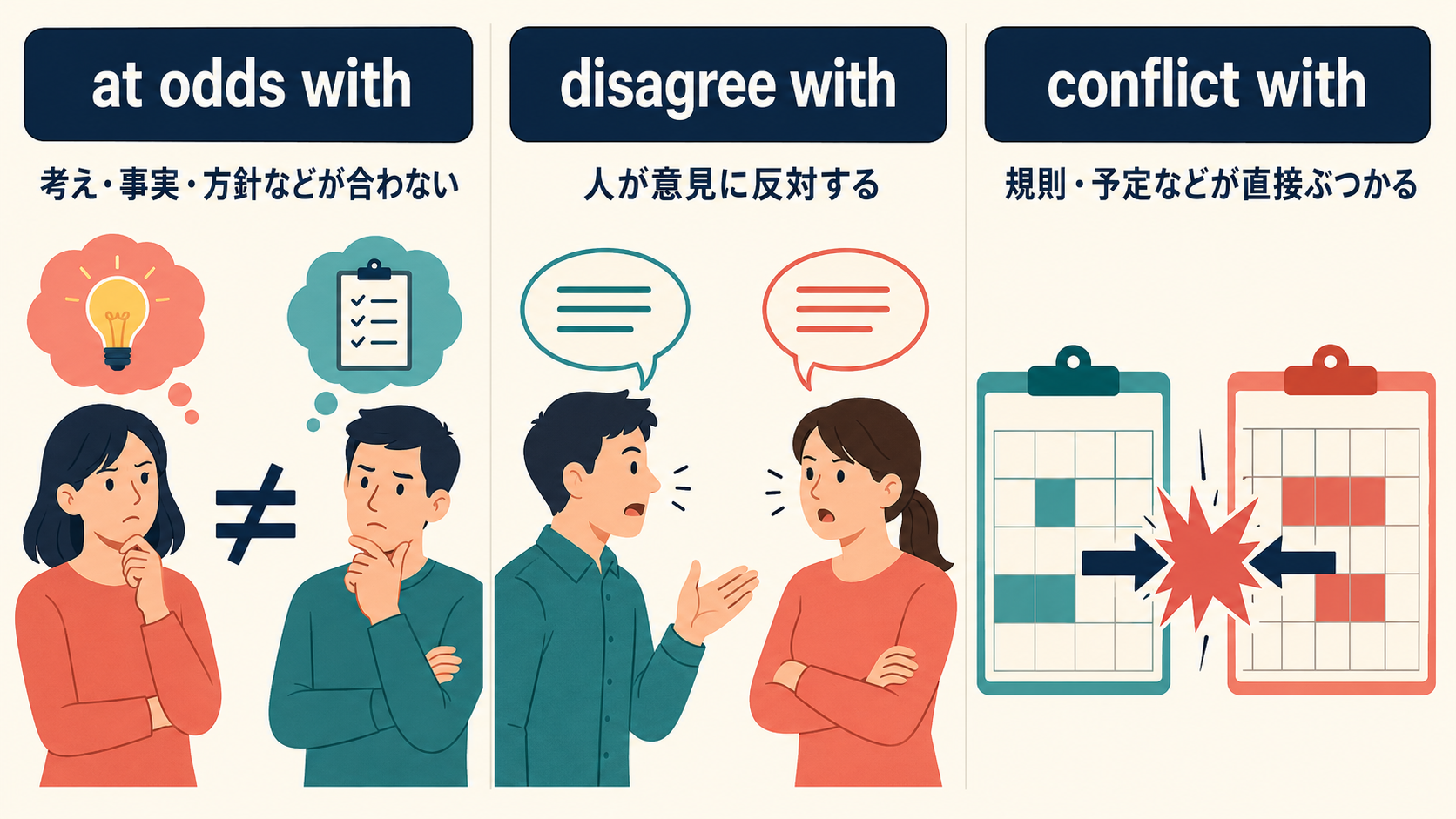at odds with・disagree with・conflict withのニュアンスの違い