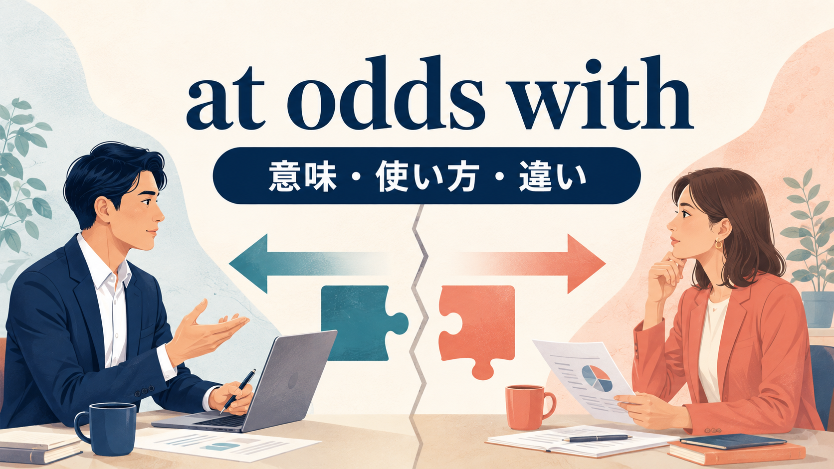 at odds withの意味・使い方・違いを表すアイキャッチ