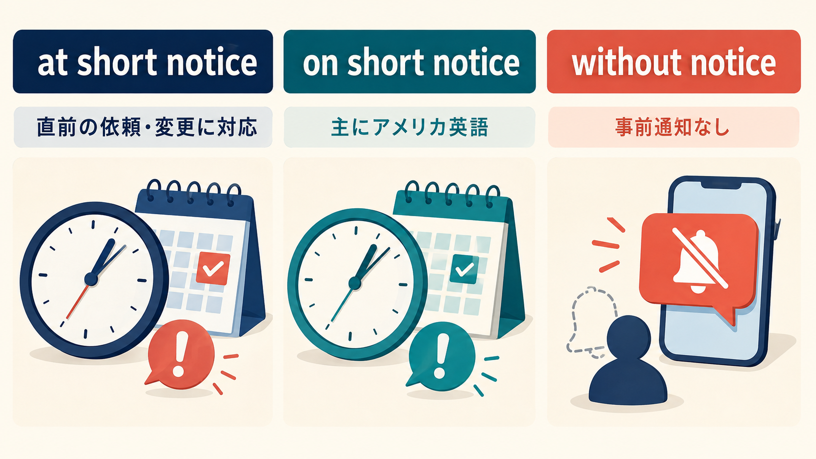 at short notice・on short notice・without noticeの違い