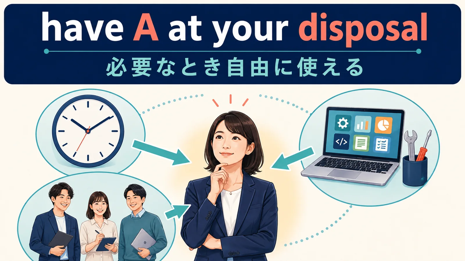 時間・道具・人を必要なとき自由に使えるat one’s disposalのイラスト