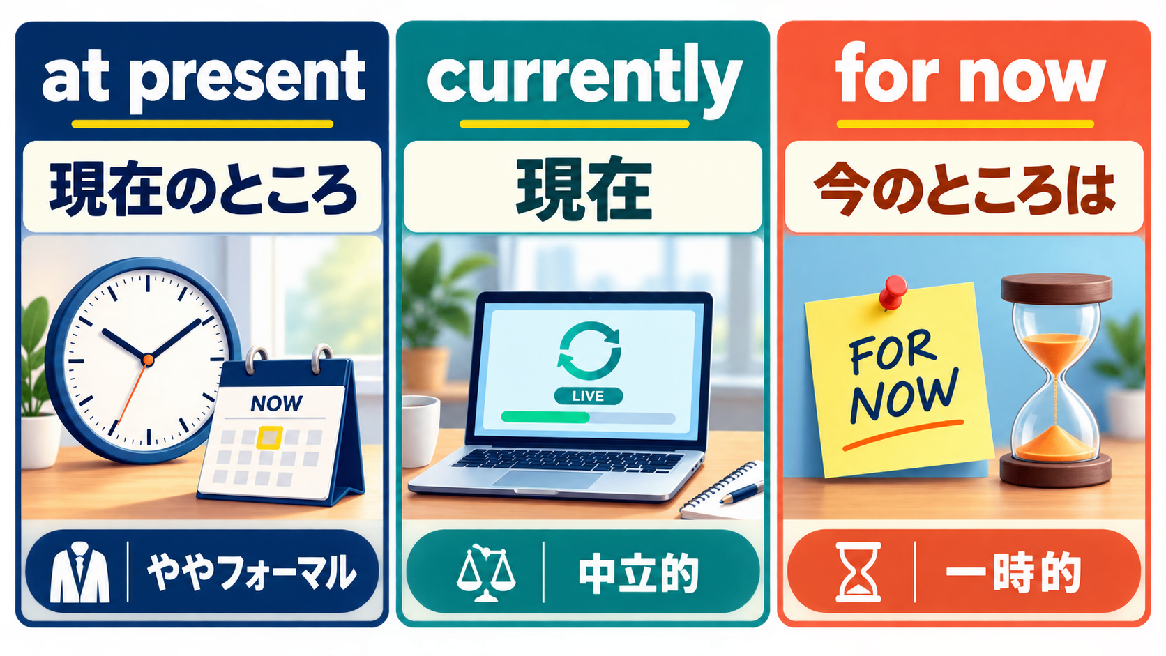 at present・currently・for nowの意味とニュアンスの違いを示す解説図